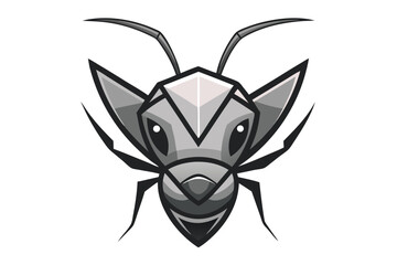 Geometric ant head is presented in detailed shades of gray on clean white background