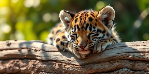 Adorable clouded leopard cub naps on a log in soft sunlight, wildlife sanctuary,  sanctuary,  conservation
