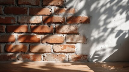 Naklejka premium Brick Wall Texture: Background, Shadow, and Wooden Surface