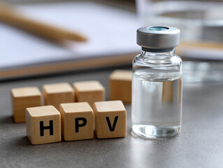 Wooden Blocks Spelling HPV with Vaccine Symbols for Health Awareness : Generative AI