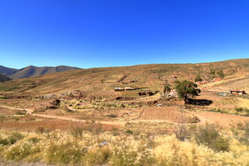 the landscape between Sucre and Potosi near the river Puente Mayu Tambo in Bolivia