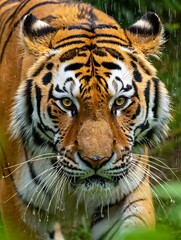 Naklejka premium Close up portrait of a powerful bengal tiger with intense green eyes walking forward in a lush green forest environment