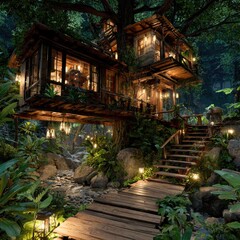 Lush, wooden treehouse nestled in a tropical forest at night