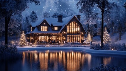 Fototapeta premium Enchanting Winter Wonderland, A Cozy Home Aglow with Holiday Cheer
