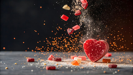 Red heart shaped candies exploding with sugar dust and particles candy