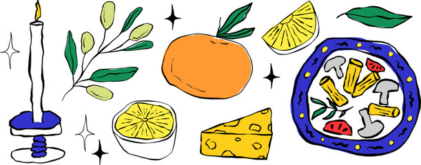 Amalfi whimsical food set with pizza, pasta and fruit sketch. Playful whimsical graphic with lemon and cocktail. Amalfi mediterranean food set for menu design. Vector illustration