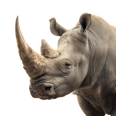 Fototapeta premium close-up view of a rhinoceros standing upright. showcasing its distinct horn and robust body against a plain white background