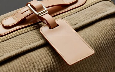 Close up of a tan canvas suitcase with a leather luggage tag travel