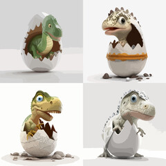 Four stylized baby dinosaurs, rendered in a cartoonish style, are shown emerging from eggs. The eggs are in a grid layout against a light background.