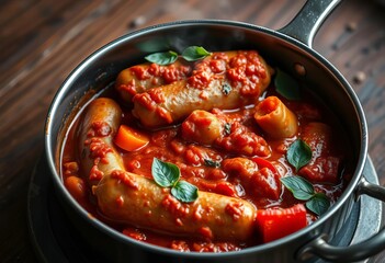 Italian sausage and peppers simmering in a vibrant tomato sauce,  garlic,  italian food