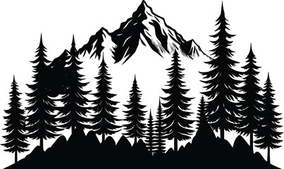 This collection of black and white images depicts illustrations of pine forests, showing stylized trees in different compositions.
