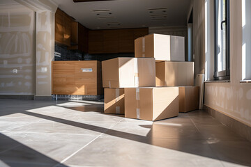 Flat-packed kitchen furniture stacked for installation