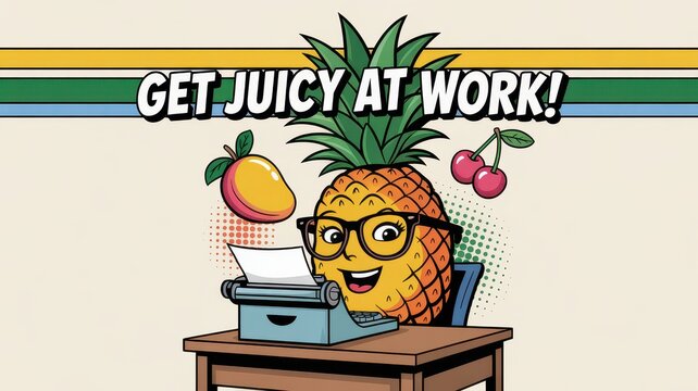 Cheerful birthday greeting card featuring a playful pineapple character ready to celebrate creativity and joy in the workplace. National Fruit at Work Day