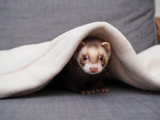 Curious ferret peeking out from under a soft white blanket on a grey couch