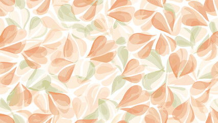 Watercolor style floral pattern with peach and sage green leaves on a white background creating a dense design