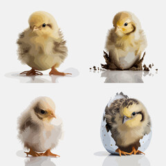 Collection of four baby chicks, displayed in different stages, including emerging from eggs, presented in a  setting against a neutral background.
