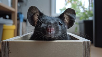 A curious black mouse peeking out from a light brown wooden box.