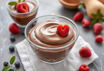 Silky smooth vegan chocolate mousse in glass bowl,  dessert,  texture