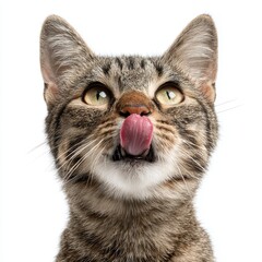 Obraz premium A cat with tongue out, looking up, in a close-up shot