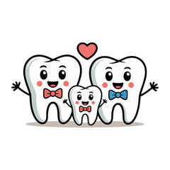 Fototapeta premium Adorable cartoon tooth family with heart symbolizing dental love and care
