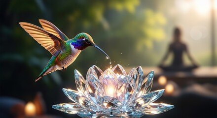 Obraz premium Hummingbird drinks from a crystal lotus flower with a meditating person in background.