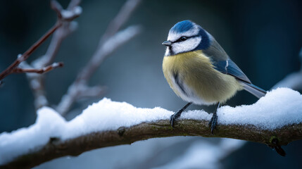 Obraz premium Single Blue Tit on a Snow-Covered Branch in Cold Winter Light