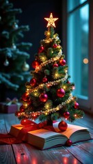 Colorful book Christmas tree, festive holiday sale , winter, literature, promotion