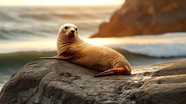 Sea lion resting on coastal rock at sunlight
