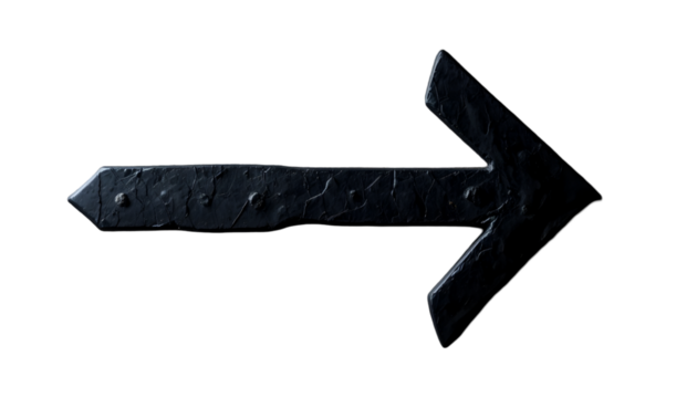 Stock photo of arrow pointing right direction with rustic metal texture on black background image design  isolated on transparent background	