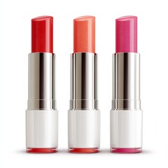 Obraz premium Three elegant lipsticks in vibrant colors, set against a clean backdrop, emphasizing their sleek design and diverse shades