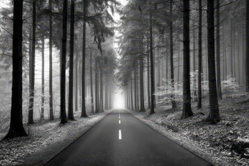 Fototapeta premium Gray forest road, misty perspective