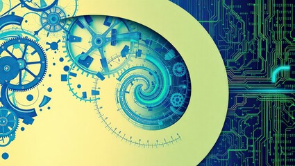 Obraz premium Abstract design showing gears and circuit boards with a spiral shape in shades of blue and yellow