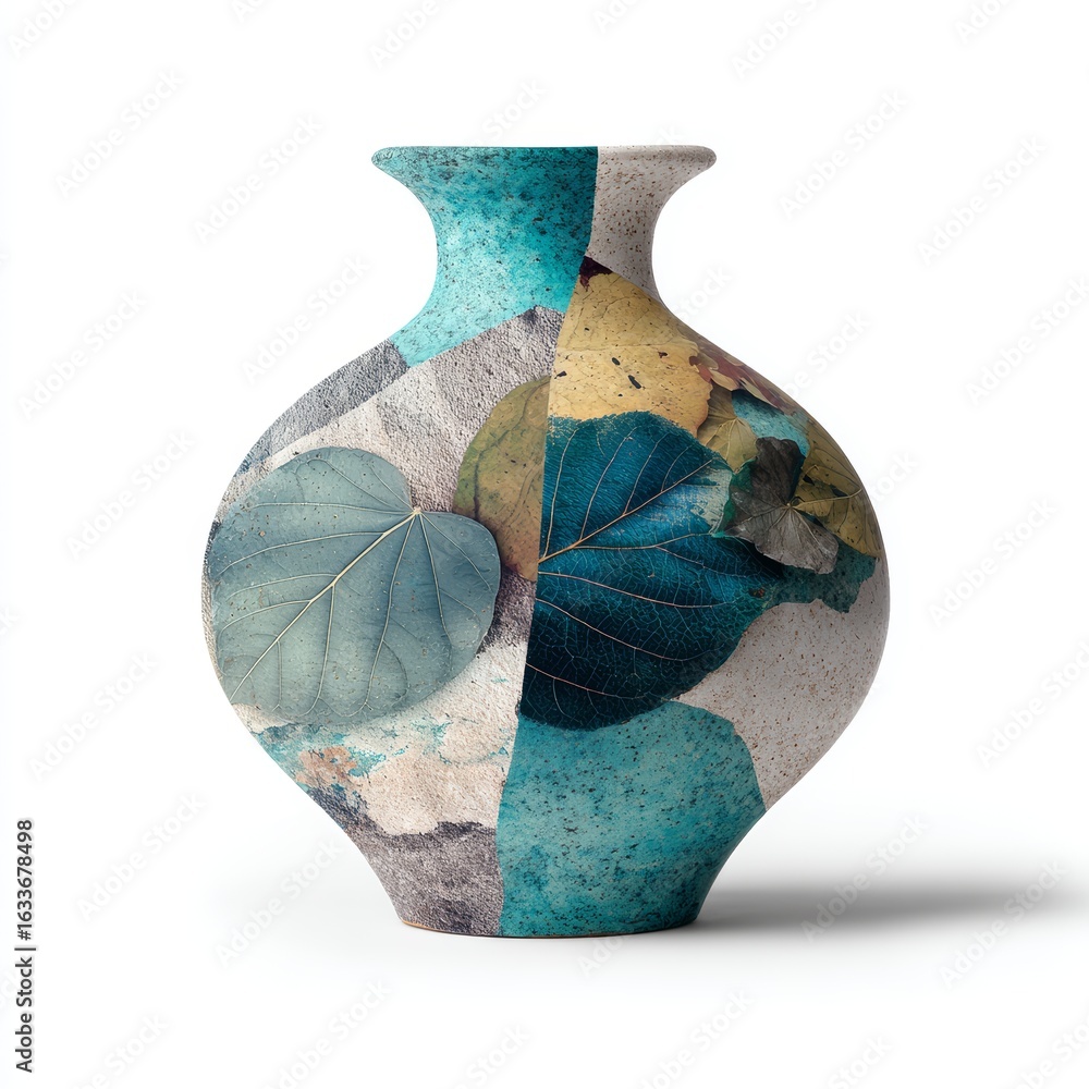 Poster an abstract artistic image of a vase with colorful leaves patterns on it. the vase is in a unique sh