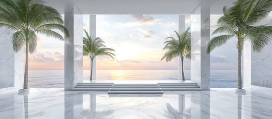 Elegant marble hall with ocean view and palm trees at sunset, serene tropical architecture