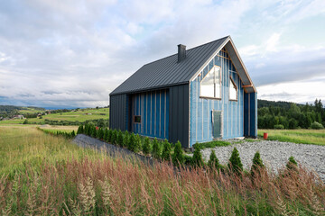 Construction site of a detached house in the countryside.