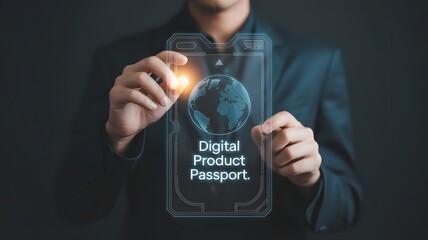 Person holding digital product passport with globe and text technology future