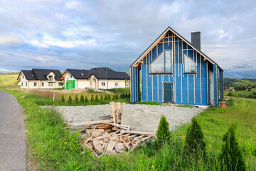 Construction site of a detached house in the countryside.