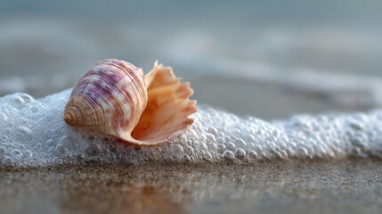 A seashell rests quietly as waves kiss the shore