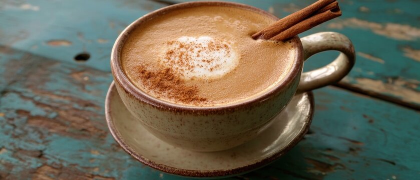 A cup of coffee with a cinnamon stick in it.