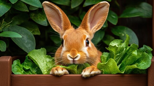 A curious brown rabbit peeks out from a wooden planter filled with green lettuce.
