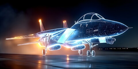 A digital wireframe hologram of a fighter jet on a dark tarmac, glowing blue with detailed lines, showcasing modern aerospace design	