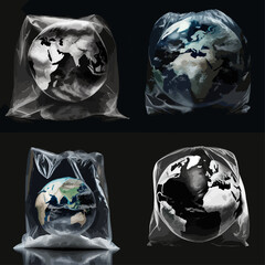 Four computer-generated images of the Earth inside plastic bags, showcasing the concept of environmental harm and pollution. Each bag is different visually.