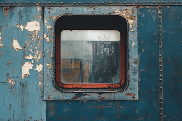 Rusty blue metal train car window