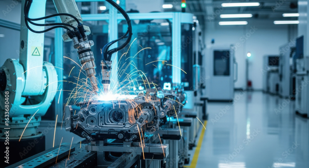 Poster industrial robot automation manufacturing factory welding machinery technology sparks metal engineer