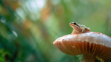 Fototapeta premium Small Frog on a Large Mushroom Soft Light Sharp Photography