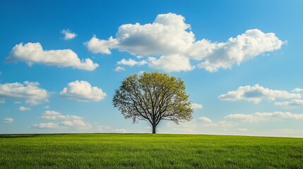 Fototapeta premium Single tree on a grassy hill under a partly cloudy sky