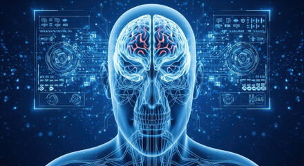 Futuristic digital illustration of human head with glowing brain, neural network connections, and virtual interface, symbolizing artificial intelligence, technology, and innovation