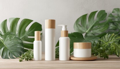 White cosmetic bottles and jars on a wooden surface, surrounded by lush green leaves