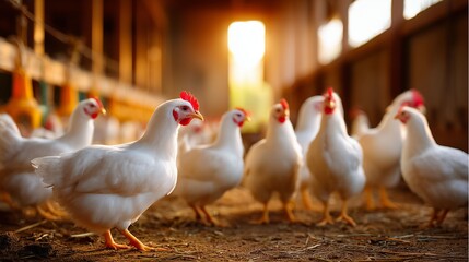 Fototapeta premium Broiler chickens in poultry farm, commercial broiler chickens, white broiler chickens farming