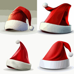 Digital illustrations of multiple perspectives of Santa hats, showcasing a variety of orientations and folds.